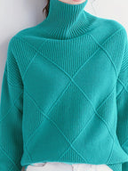 Turtleneck Sweater Women's Diamond Textured Knit Green Long Sleeve Pullover – Casual, Office, Winter, Gift