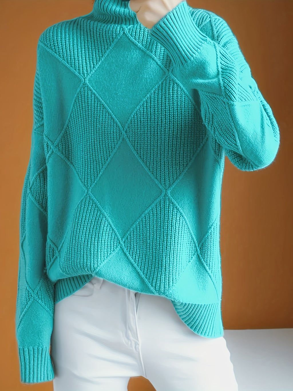 Turtleneck Sweater Women's Diamond Textured Knit Green Long Sleeve Pullover – Casual, Office, Winter, Gift