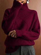 Turtleneck Sweater Women's Diamond Textured Knit Green Long Sleeve Pullover – Casual, Office, Winter, Gift