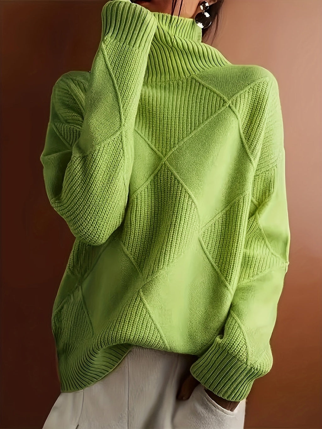 Turtleneck Sweater Women's Diamond Textured Knit Green Long Sleeve Pullover – Casual, Office, Winter, Gift