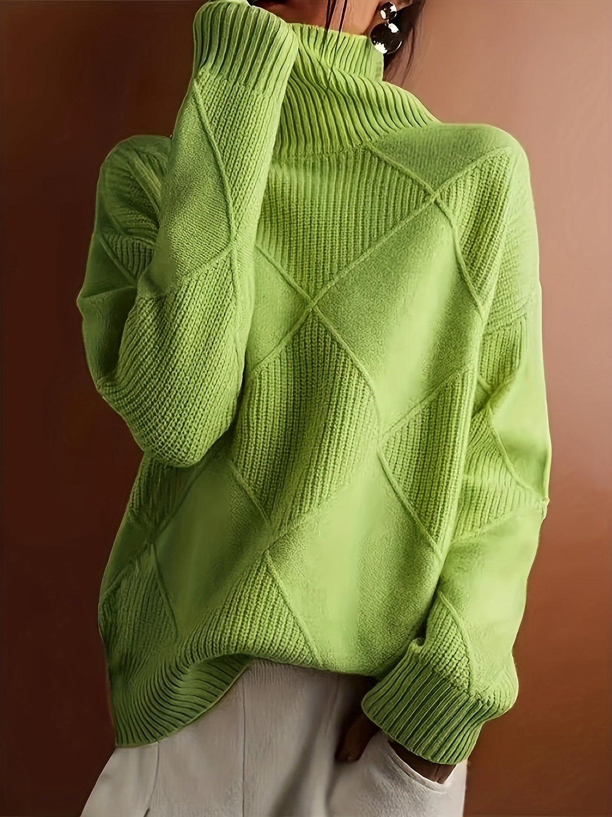 Turtleneck Sweater Women's Diamond Textured Knit Green Long Sleeve Pullover – Casual, Office, Winter, Gift