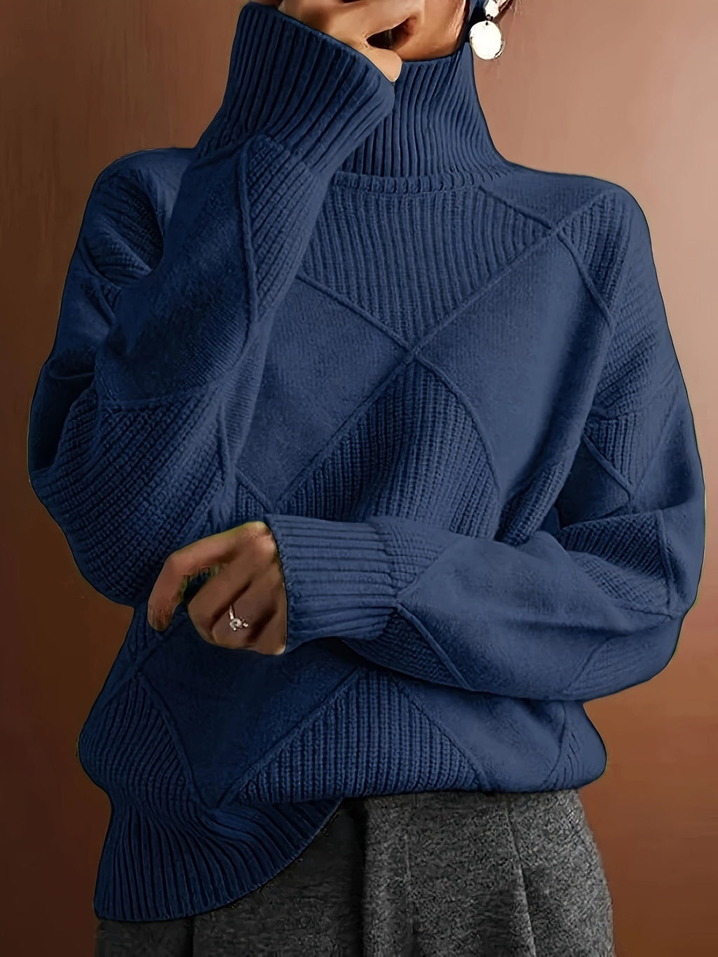 Turtleneck Sweater Women's Diamond Textured Knit Green Long Sleeve Pullover – Casual, Office, Winter, Gift