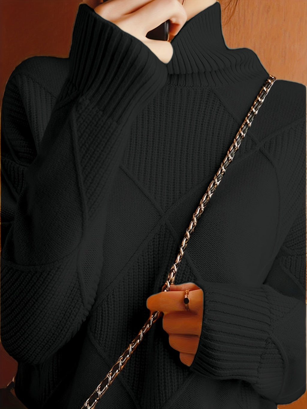 Turtleneck Sweater Women's Diamond Textured Knit Green Long Sleeve Pullover – Casual, Office, Winter, Gift