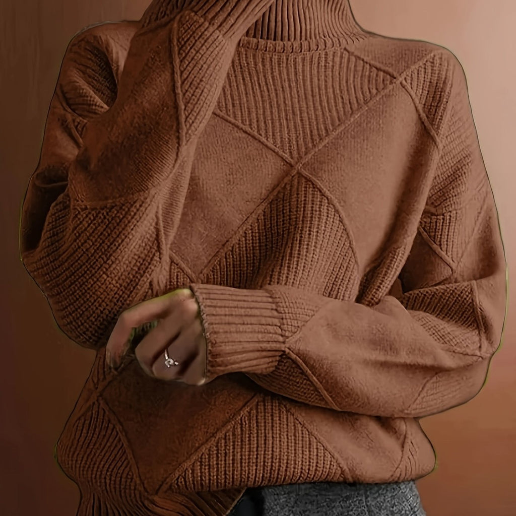 Turtleneck Sweater Women's Diamond Textured Knit Green Long Sleeve Pullover – Casual, Office, Winter, Gift