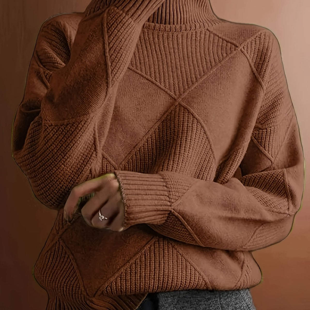 Turtleneck Sweater Women's Diamond Textured Knit Green Long Sleeve Pullover – Casual, Office, Winter, Gift