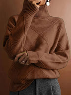 Turtleneck Sweater Women's Diamond Textured Knit Green Long Sleeve Pullover – Casual, Office, Winter, Gift