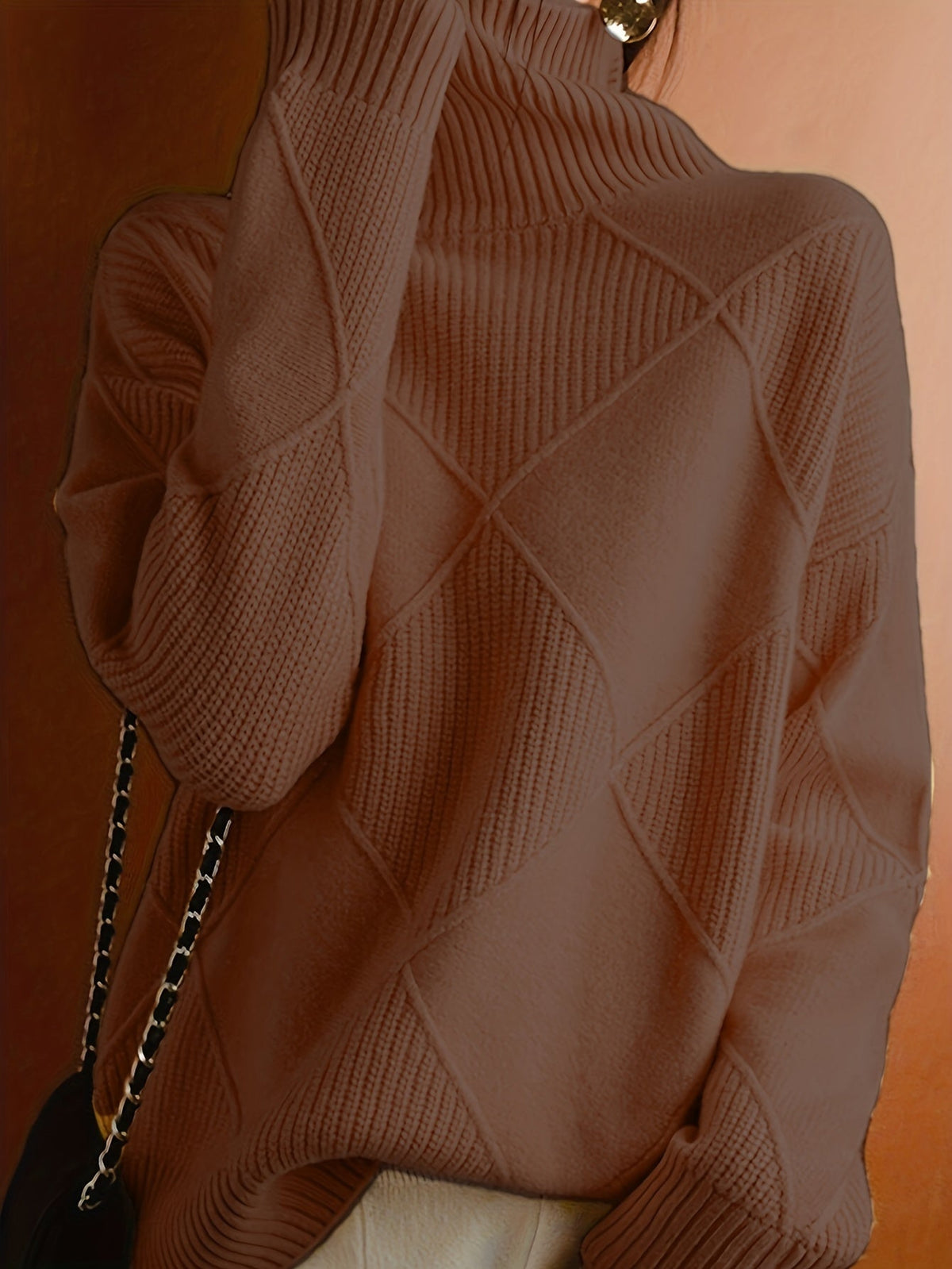 Turtleneck Sweater Women's Diamond Textured Knit Green Long Sleeve Pullover – Casual, Office, Winter, Gift