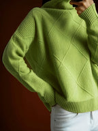 Turtleneck Sweater Women's Diamond Textured Knit Green Long Sleeve Pullover – Casual, Office, Winter, Gift