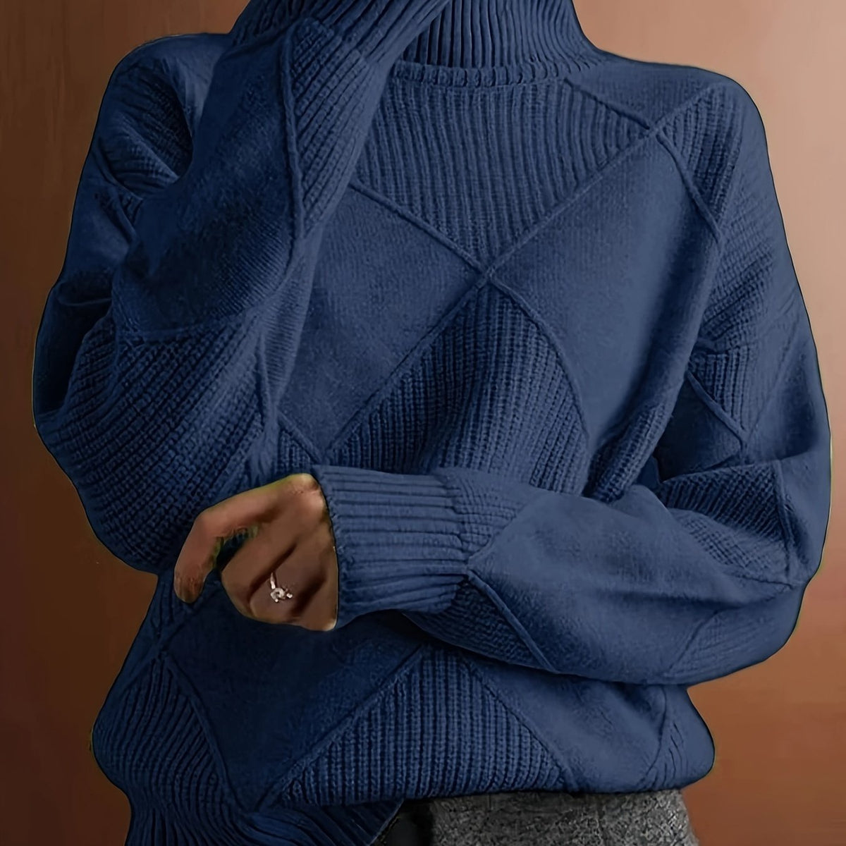 Turtleneck Sweater Women's Diamond Textured Knit Green Long Sleeve Pullover – Casual, Office, Winter, Gift