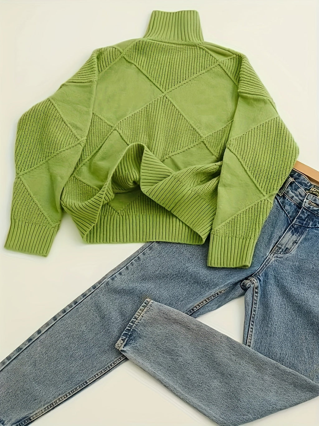 Turtleneck Sweater Women's Diamond Textured Knit Green Long Sleeve Pullover – Casual, Office, Winter, Gift