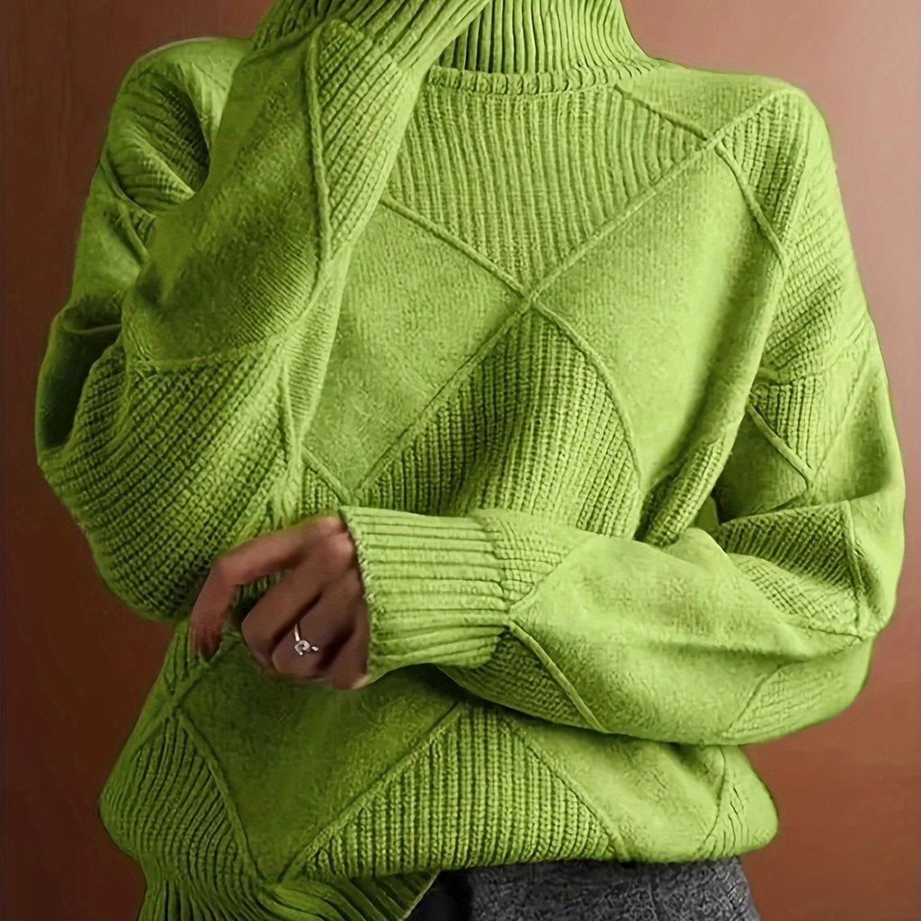 Turtleneck Sweater Women's Diamond Textured Knit Green Long Sleeve Pullover – Casual, Office, Winter, Gift