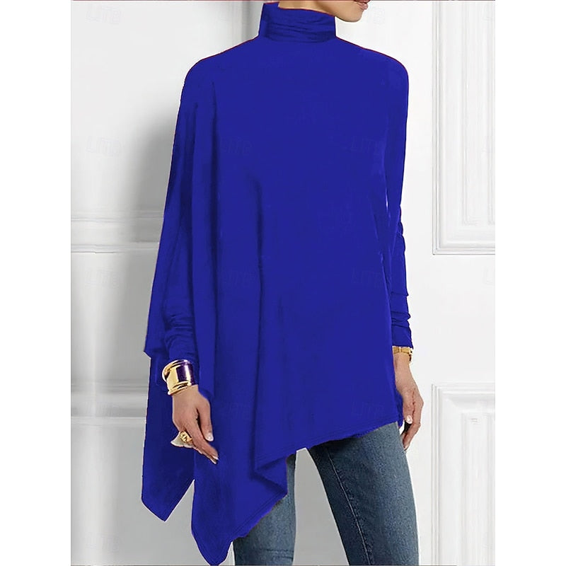 Turtleneck Tunic Top Women's Red Draped Asymmetrical Long Sleeve – Casual, Holiday