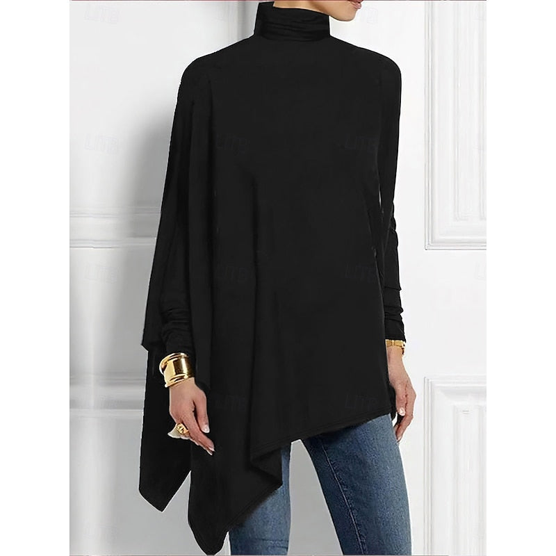 Turtleneck Tunic Top Women's Red Draped Asymmetrical Long Sleeve – Casual, Holiday