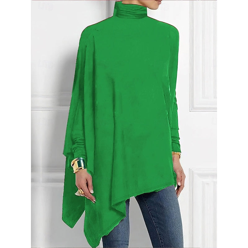 Turtleneck Tunic Top Women's Red Draped Asymmetrical Long Sleeve – Casual, Holiday