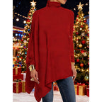 Turtleneck Tunic Top Women's Red Draped Asymmetrical Long Sleeve – Casual, Holiday