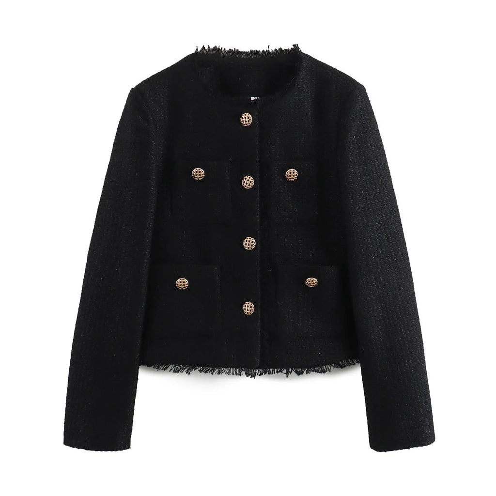 Tweed Blazer Women's Cropped Gold Button Frayed Trim Jacket with Patch Pockets – Office, Casual