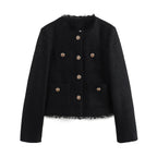 Tweed Blazer Women's Cropped Gold Button Frayed Trim Jacket with Patch Pockets – Office, Casual