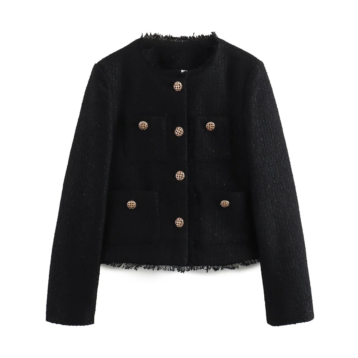 Tweed Blazer Women's Cropped Gold Button Frayed Trim Jacket with Patch Pockets – Office, Casual