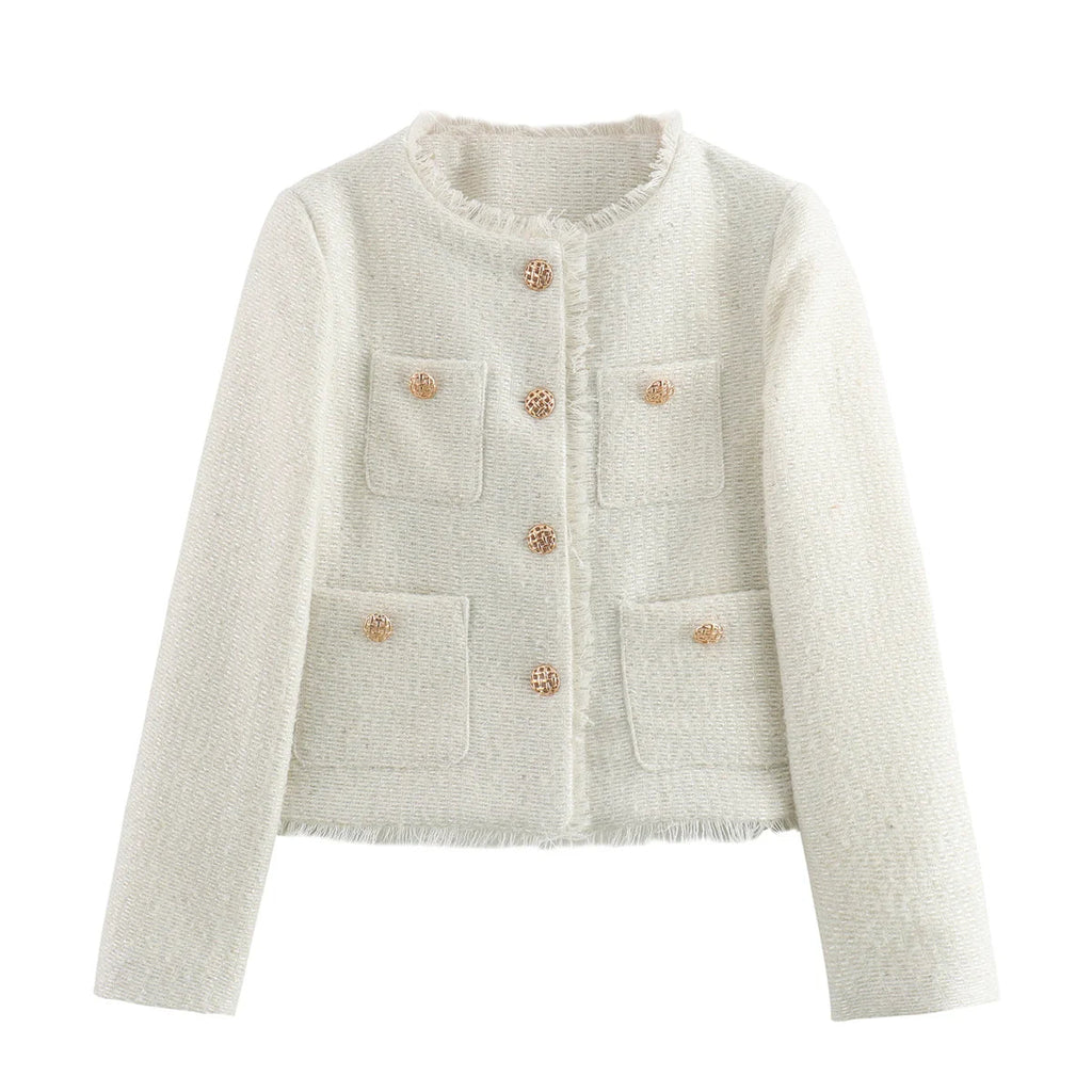 Tweed Blazer Women's Cropped Gold Button Frayed Trim Jacket with Patch Pockets – Office, Casual