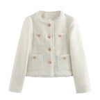 Tweed Blazer Women's Cropped Gold Button Frayed Trim Jacket with Patch Pockets – Office, Casual
