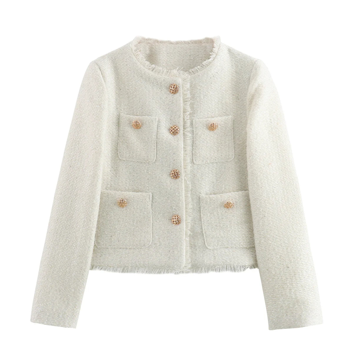 Tweed Blazer Women's Cropped Gold Button Frayed Trim Jacket with Patch Pockets – Office, Casual