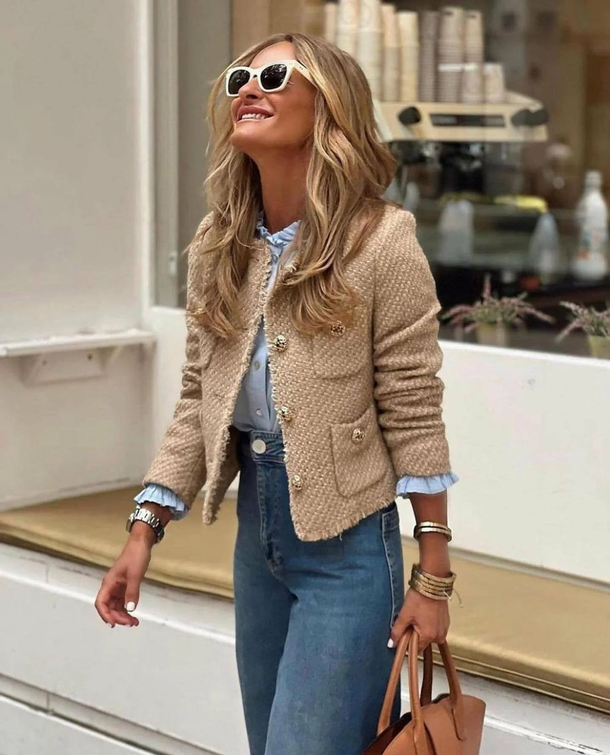Tweed Blazer Women's Cropped Gold Button Frayed Trim Jacket with Patch Pockets – Office, Casual