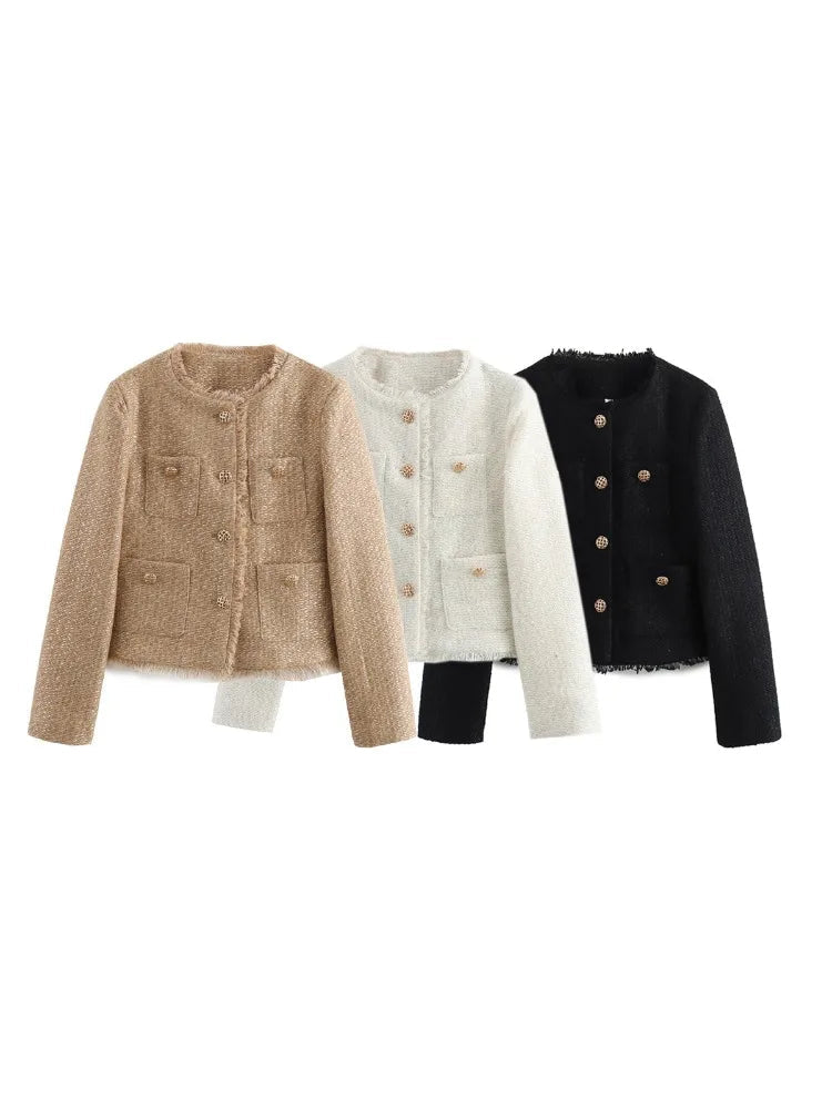 Tweed Blazer Women's Cropped Gold Button Frayed Trim Jacket with Patch Pockets – Office, Casual