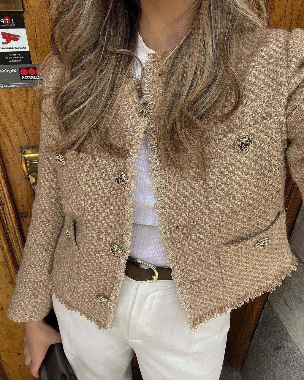 Tweed Blazer Women's Cropped Gold Button Frayed Trim Jacket with Patch Pockets – Office, Casual