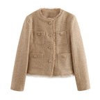 Tweed Blazer Women's Cropped Gold Button Frayed Trim Jacket with Patch Pockets – Office, Casual