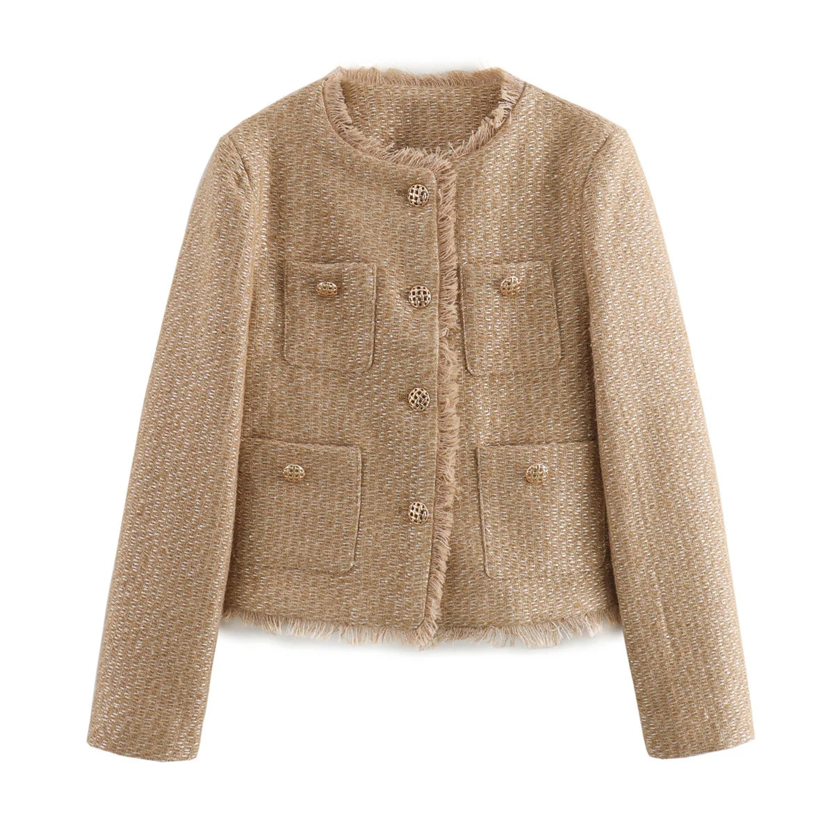 Tweed Blazer Women's Cropped Gold Button Frayed Trim Jacket with Patch Pockets – Office, Casual