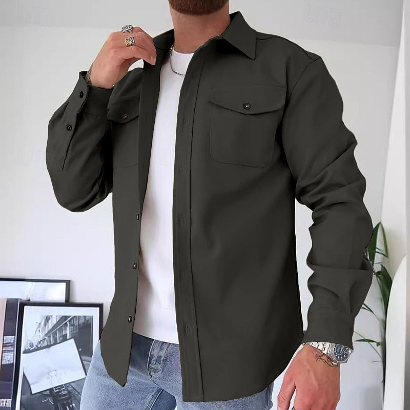 Utility Overshirt Men's Blue Long Sleeve Button-Up Shirt Jacket – Casual, Office