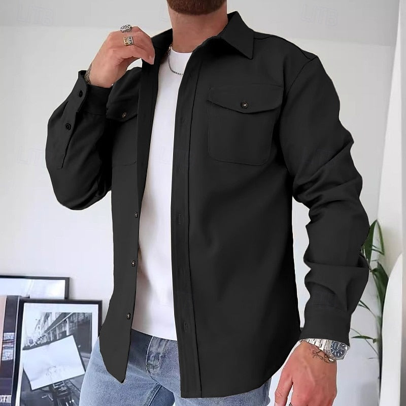 Utility Overshirt Men's Blue Long Sleeve Button-Up Shirt Jacket – Casual, Office