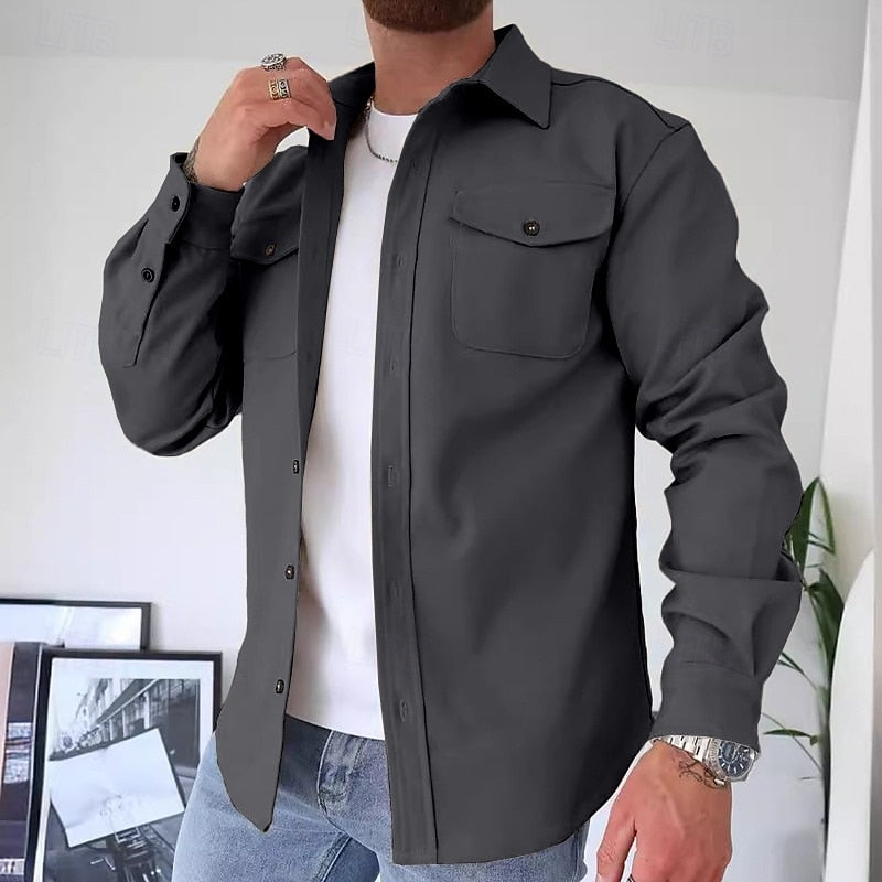 Utility Overshirt Men's Blue Long Sleeve Button-Up Shirt Jacket – Casual, Office