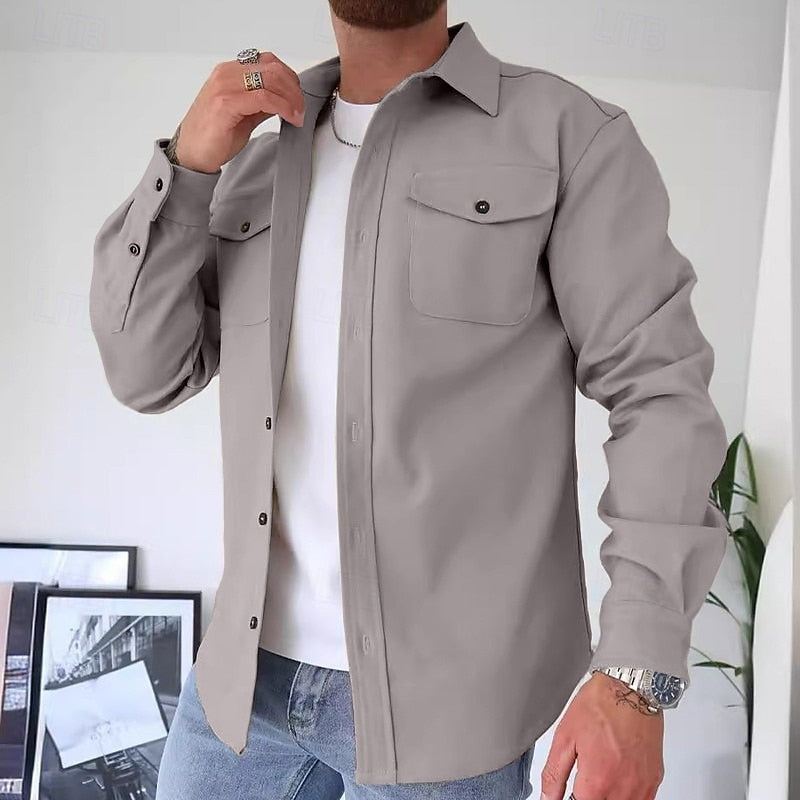 Utility Overshirt Men's Blue Long Sleeve Button-Up Shirt Jacket – Casual, Office