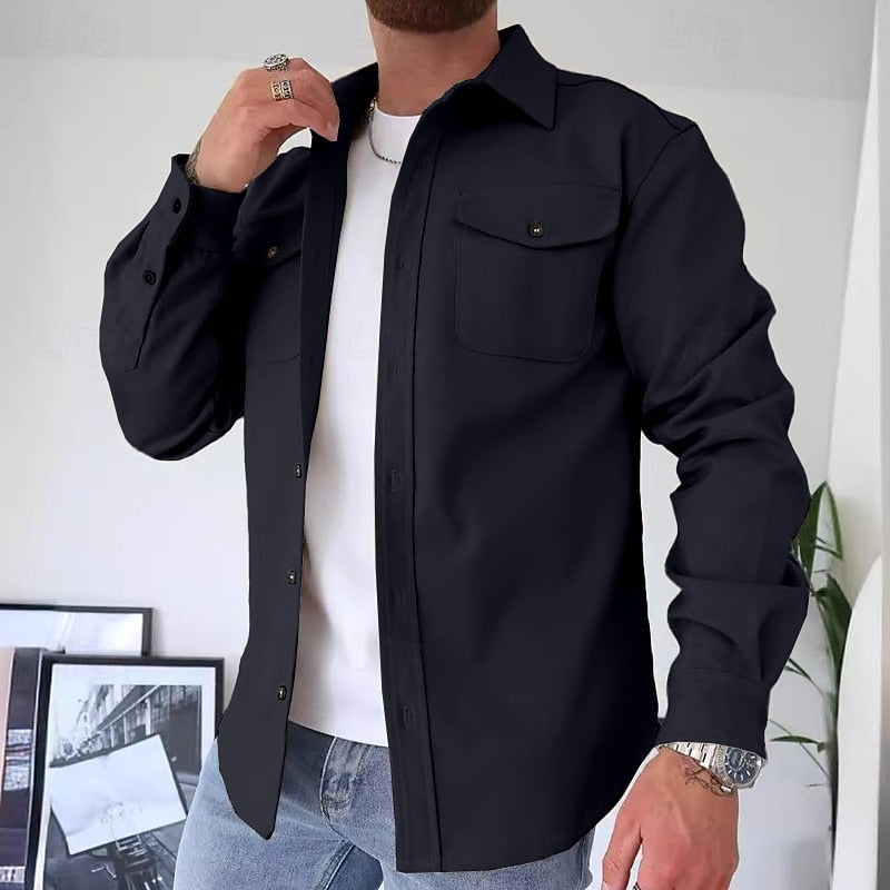 Utility Overshirt Men's Blue Long Sleeve Button-Up Shirt Jacket – Casual, Office