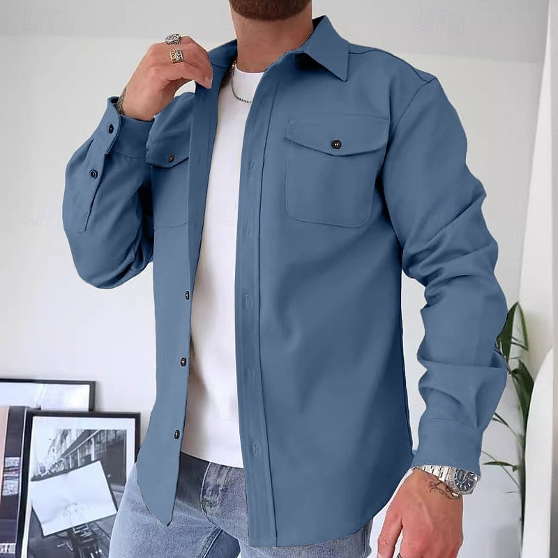 Utility Overshirt Men's Blue Long Sleeve Button-Up Shirt Jacket – Casual, Office