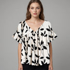 V-Neck Blouse Women's Black Leaf Print Ruffle Sleeve Top – Casual, Office · Faylori