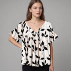 V-Neck Blouse Women's Black Leaf Print Ruffle Sleeve Top – Casual, Office · Faylori