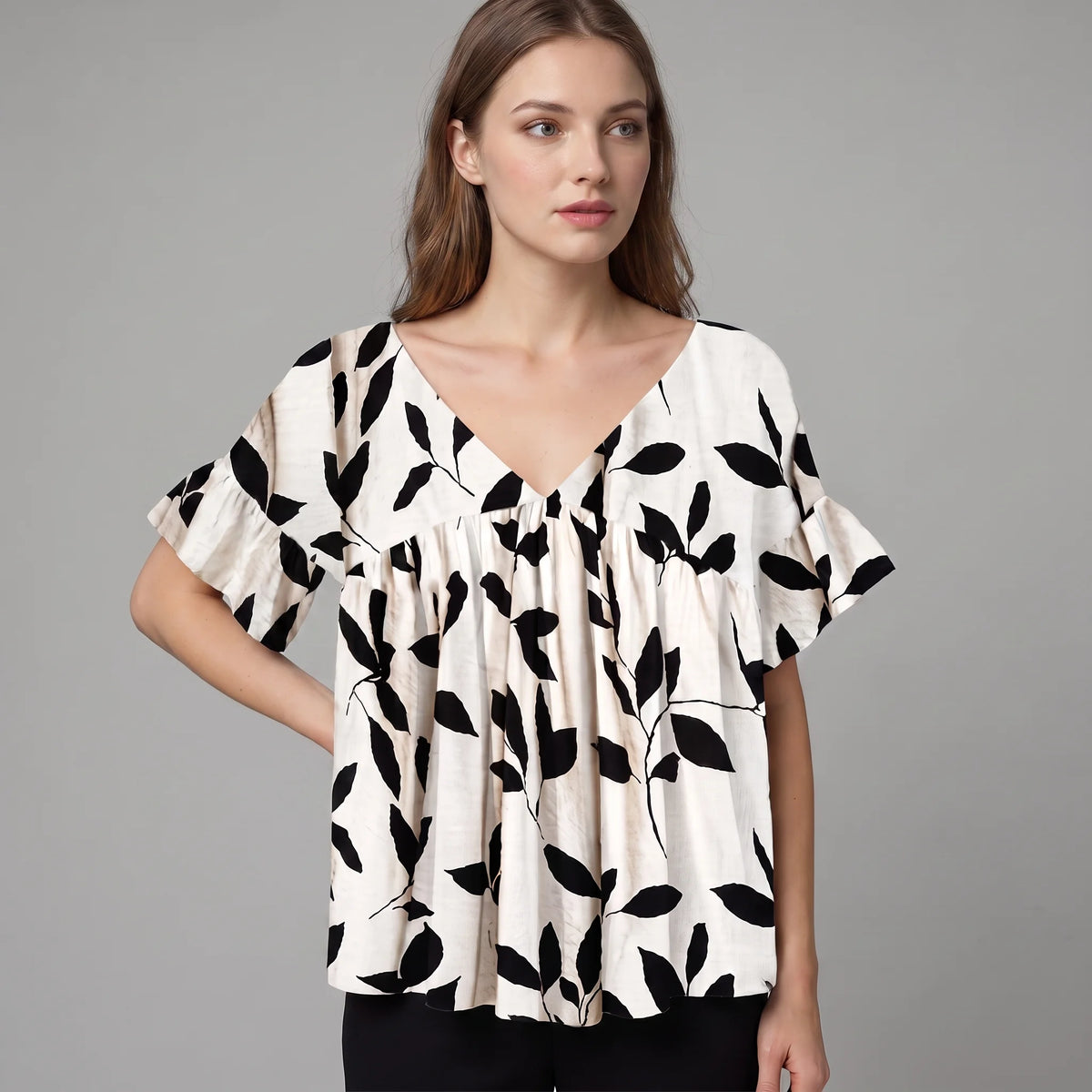V-Neck Blouse Women's Black Leaf Print Ruffle Sleeve Top – Casual, Office · Faylori