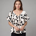 V-Neck Blouse Women's Black Leaf Print Ruffle Sleeve Top – Casual, Office · Faylori