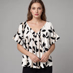 V-Neck Blouse Women's Black Leaf Print Ruffle Sleeve Top – Casual, Office · Faylori