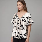 V-Neck Blouse Women's Black Leaf Print Ruffle Sleeve Top – Casual, Office · Faylori