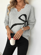 V-Neck Bow Sweater Women's Gray Knit Long Sleeve Scalloped Pullover – Casual, Office, Holiday Gift