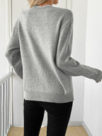 V-Neck Bow Sweater Women's Gray Knit Long Sleeve Scalloped Pullover – Casual, Office, Holiday Gift
