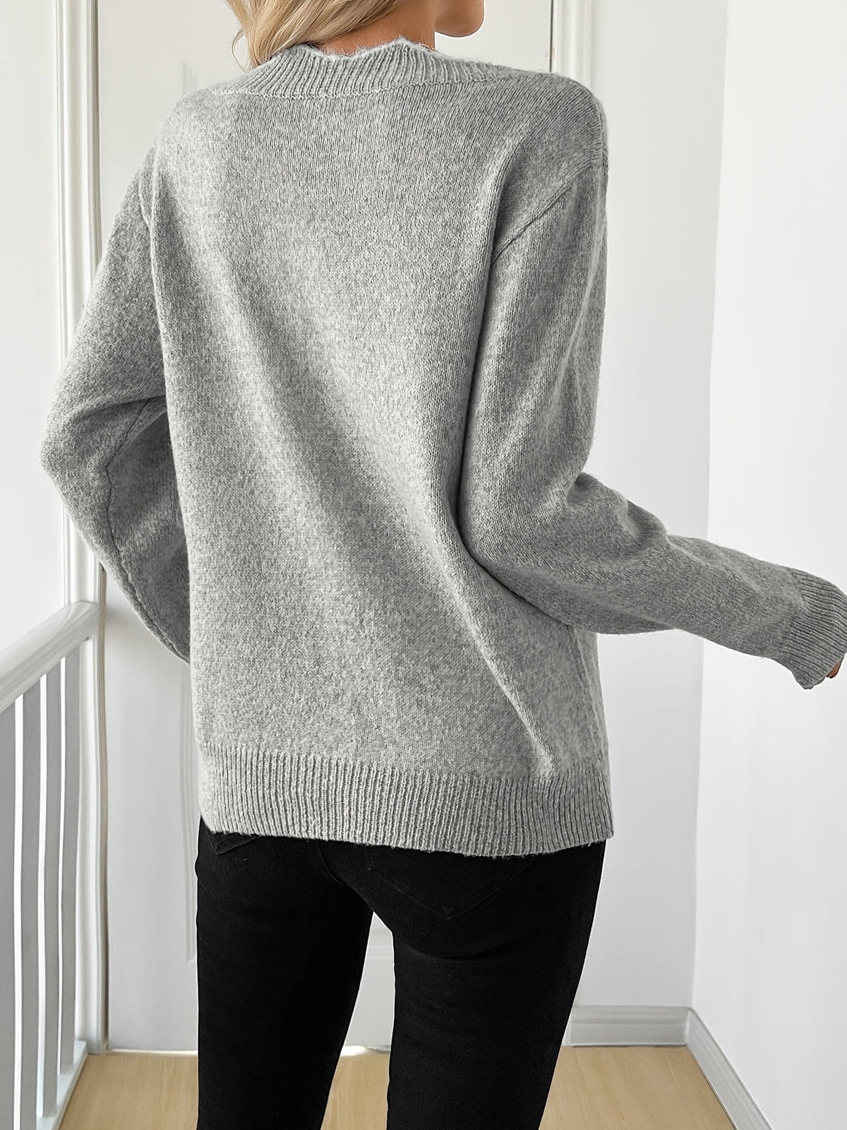 V-Neck Bow Sweater Women's Gray Knit Long Sleeve Scalloped Pullover – Casual, Office, Holiday Gift