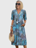 V-Neck Floral Midi Dress Women's Short Sleeve Boho with Pockets – Casual, Holiday