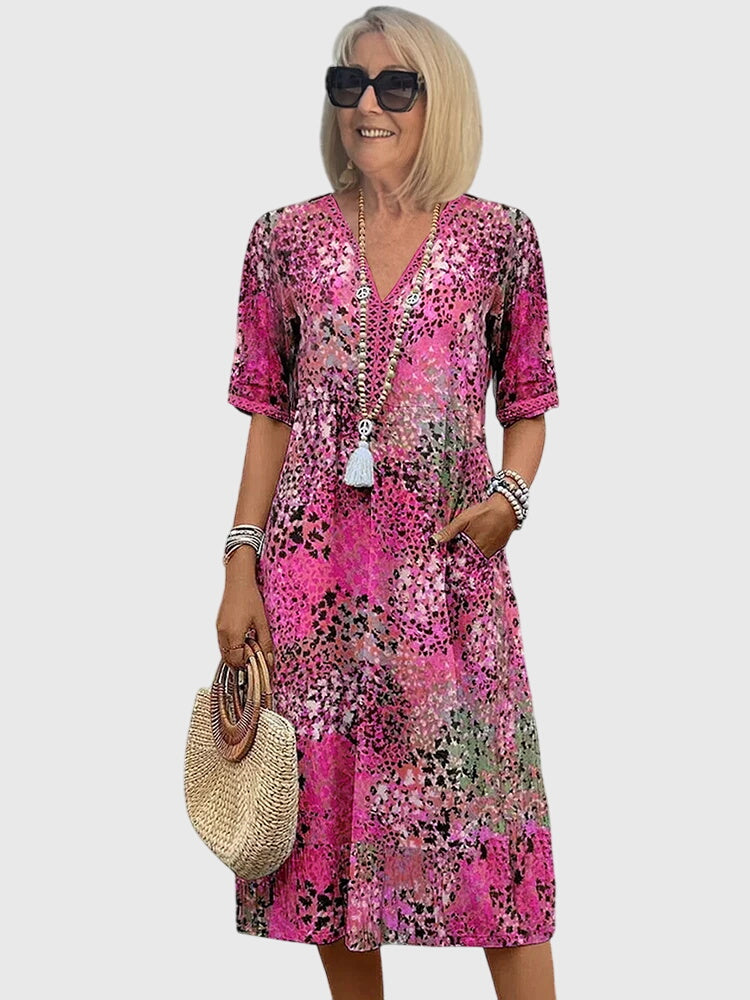 V-Neck Floral Midi Dress Women's Short Sleeve Boho with Pockets – Casual, Holiday
