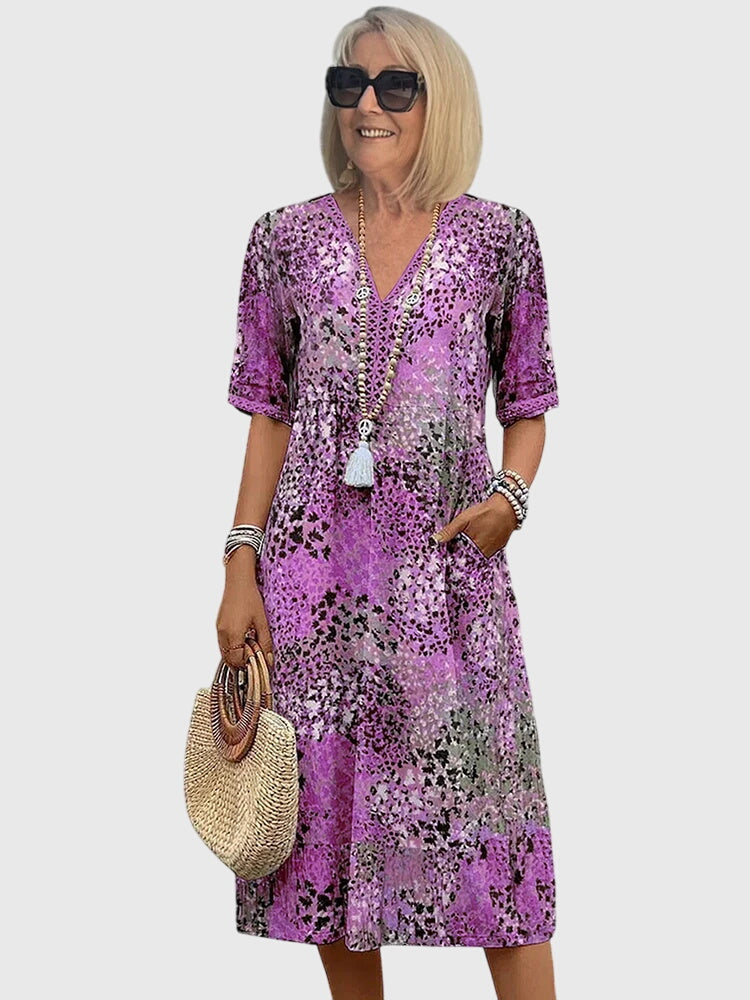 V-Neck Floral Midi Dress Women's Short Sleeve Boho with Pockets – Casual, Holiday
