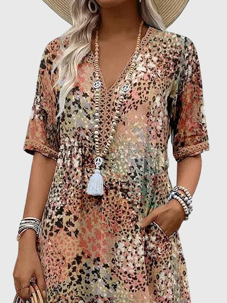 V-Neck Floral Midi Dress Women's Short Sleeve Boho with Pockets – Casual, Holiday