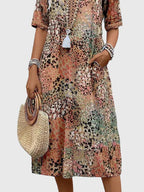 V-Neck Floral Midi Dress Women's Short Sleeve Boho with Pockets – Casual, Holiday